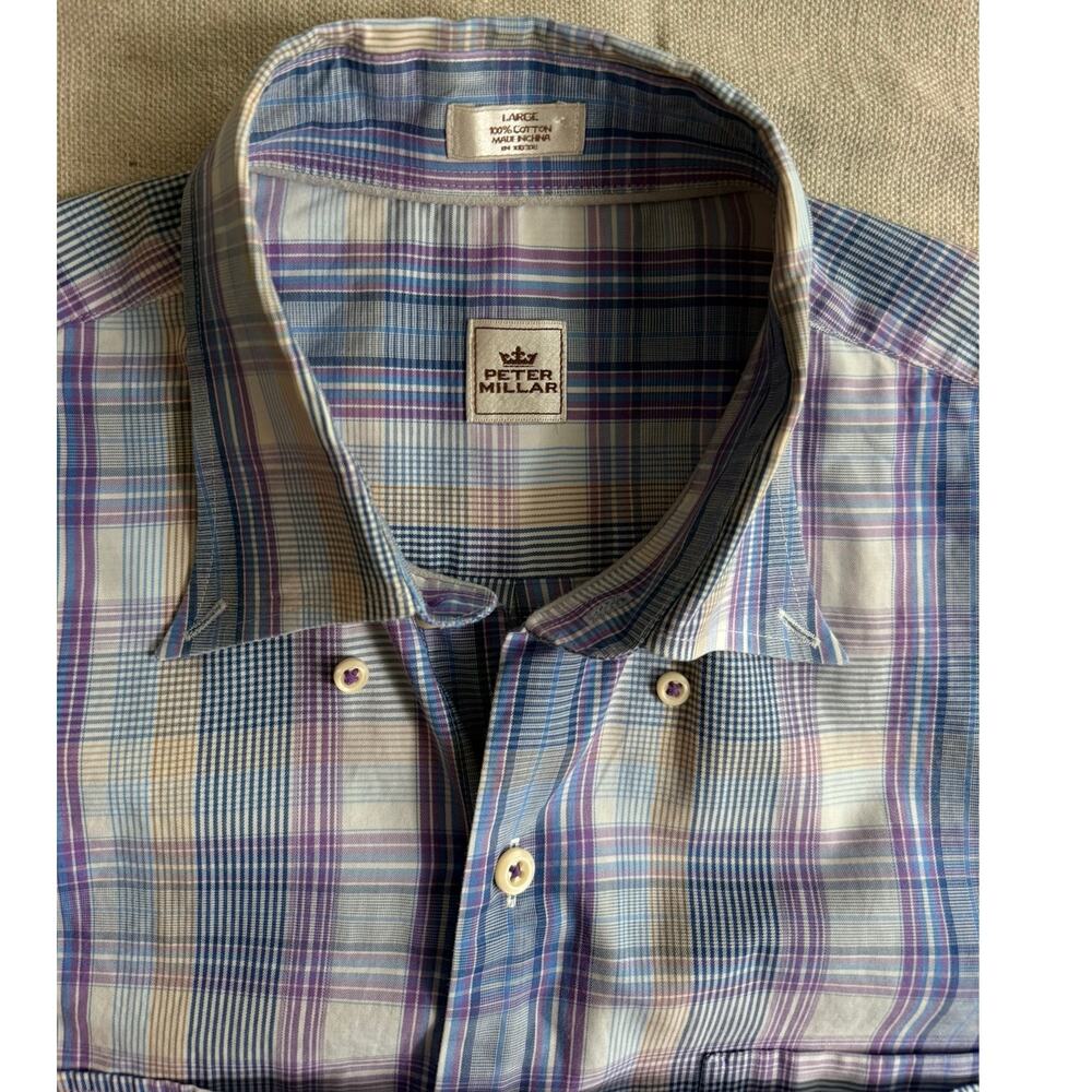 Peter Millar Men's Large Plaid Button Down Shirt Purple Blue Cotton Luxury